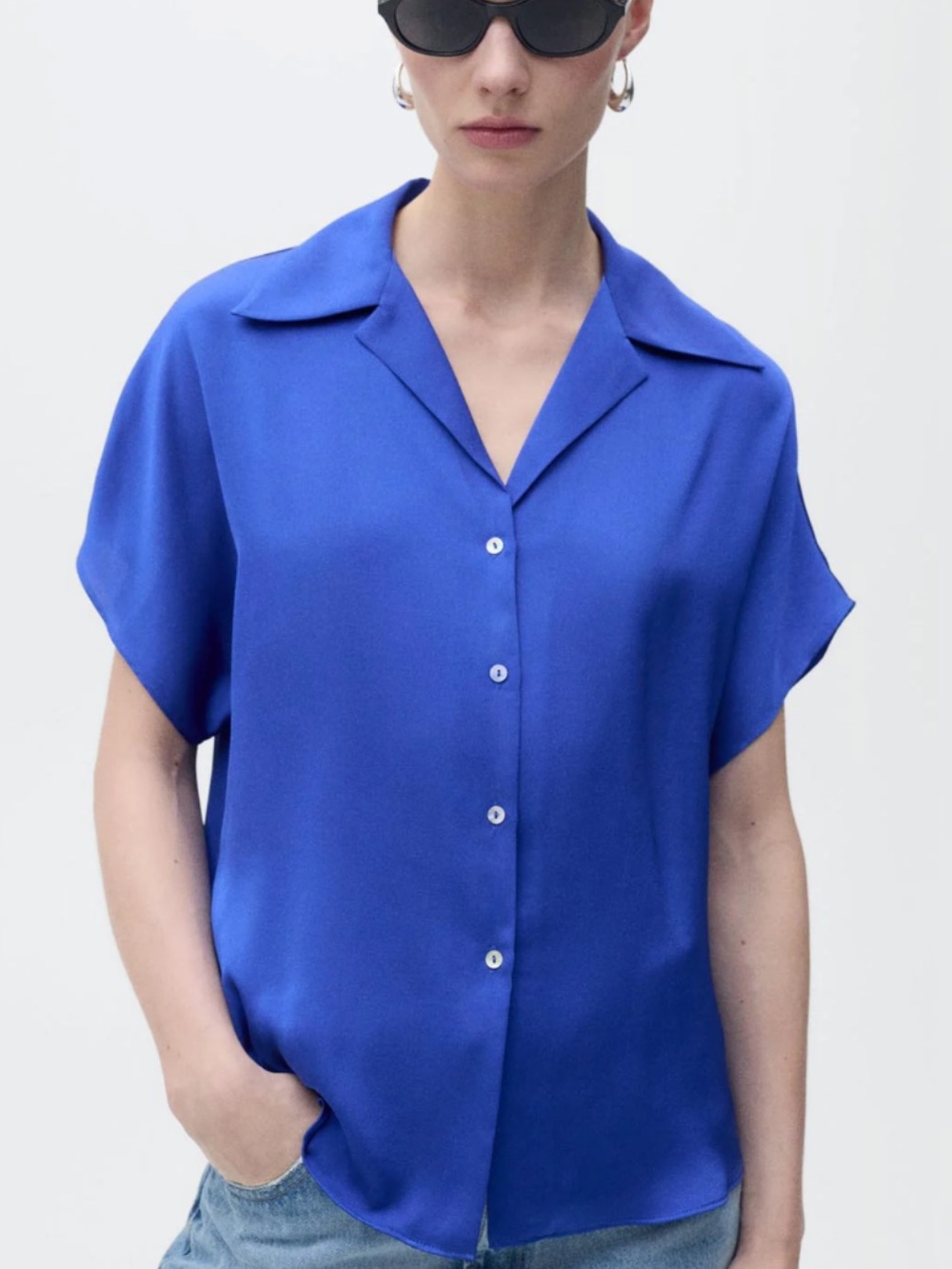 Mango short sleeve satin blouse in royal blue size M excellent condition